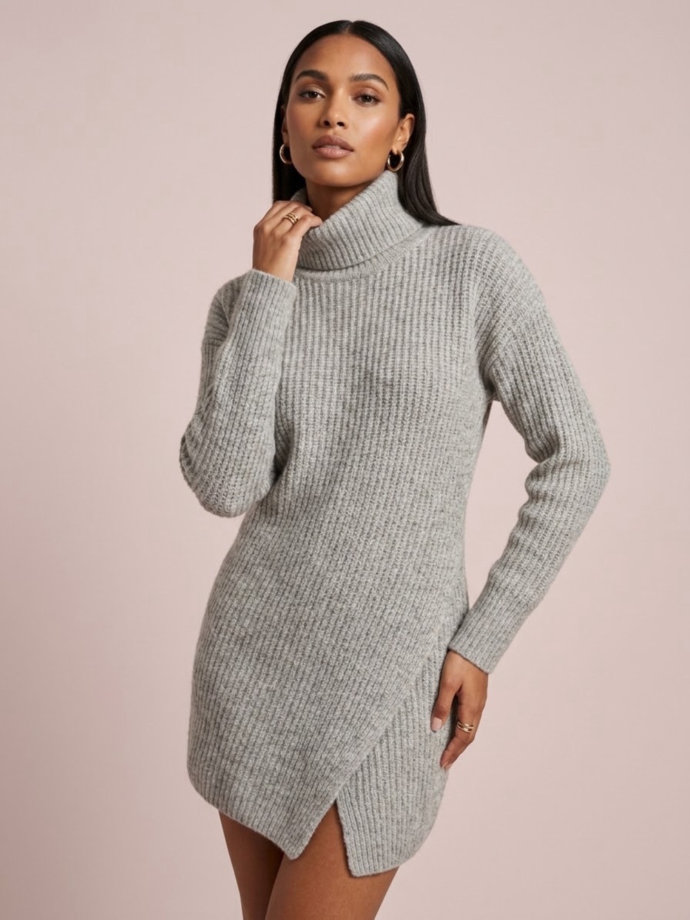 BANANA REPUBLIC Extra Fine Merino Wool Turtleneck Sweater Dress Gray Medium